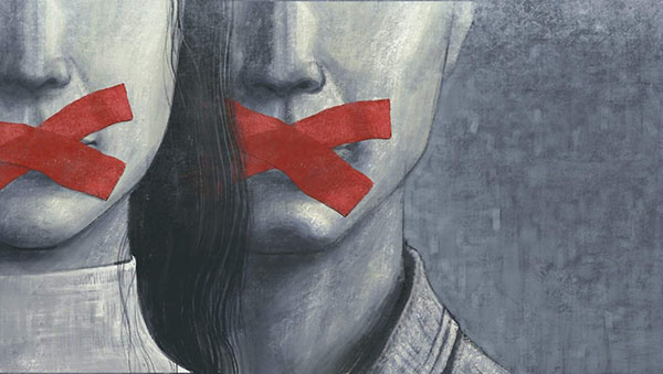 Illustration gray faces with red tape over mouths