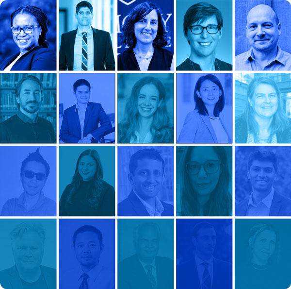 a montage of portrait photos colored blue