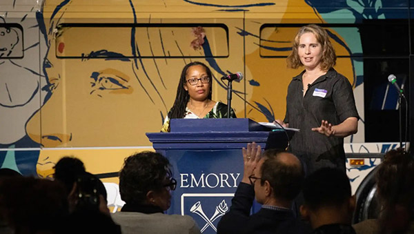 The Mellon Foundation funds will help support the Atlanta Interdisciplinary AI Network and advance ethical, human-centered AI research related to community partnerships, education and more. Emory professor Lauren Klein (right) is the grant’s principal investigator. Photo by Kevin Beasley. 