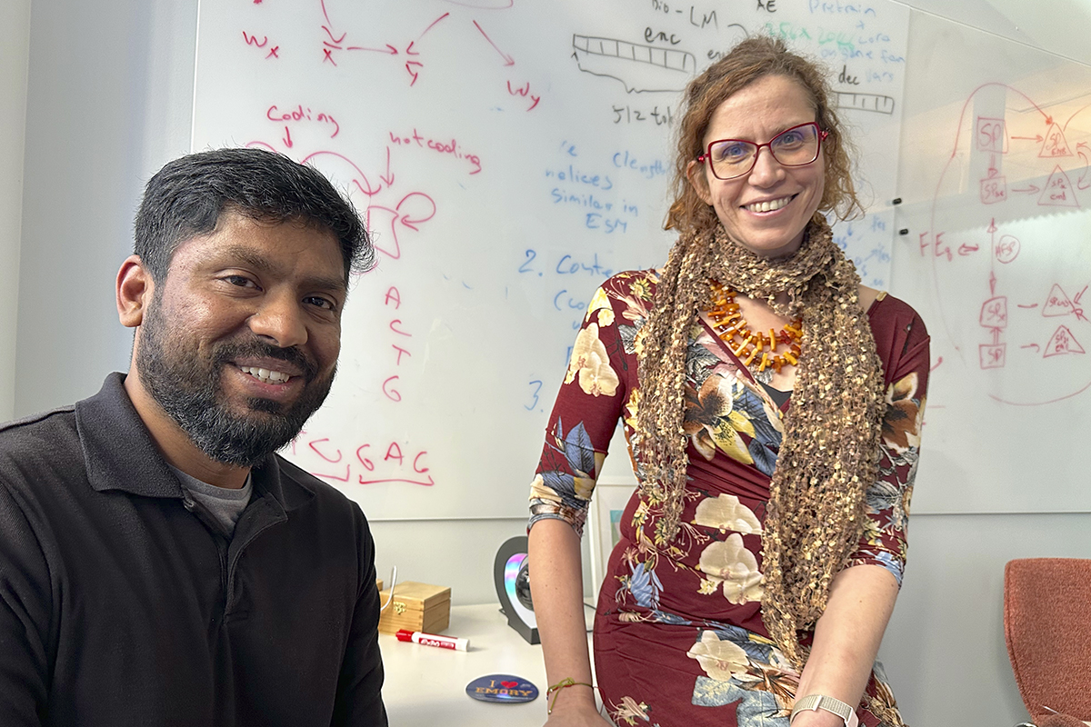 Yana Bromberg (right) professor of biology and computer science, and R. Prabakaran, a postdoctoral fellow in the Bromberg lab