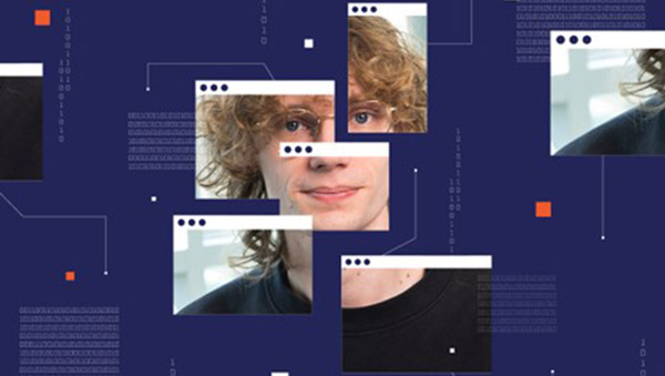 a man's face fragmented in an abstract digital interface