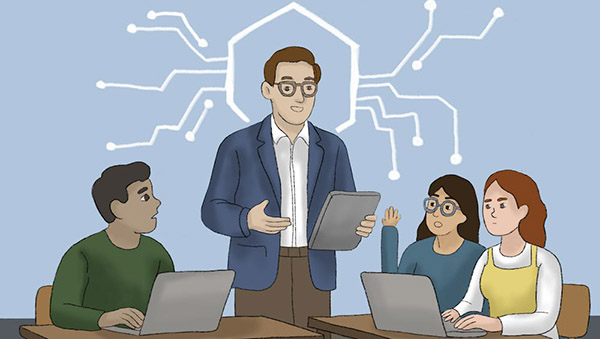Illustration of standing professor talking to seated students at laptops.